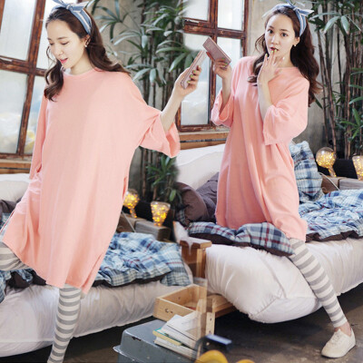 睡衣女士秋季韩版纯色长袖大码套装 薄款可爱卡通宽松休闲家居服