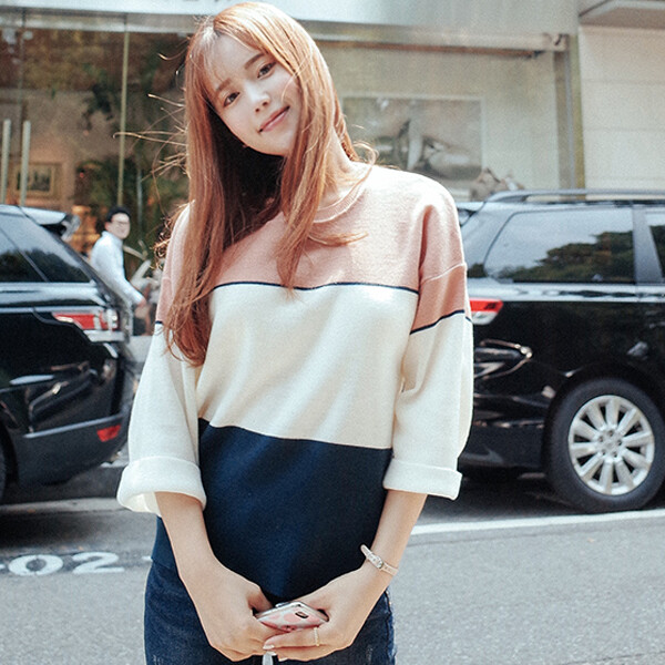 2016秋季韩国拼色条纹简约风圆领七分袖针织衫薄款毛衣女