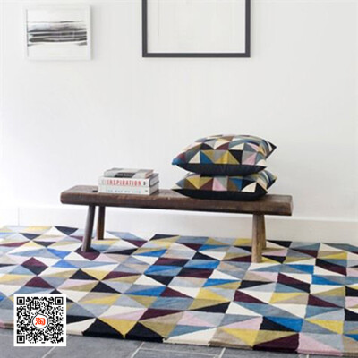 几何纯羊毛地毯卧室床边客厅茶几蓝紫色彩色三角构成方形格纹