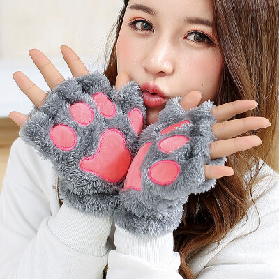 手套女冬季可爱韩版半指猫爪手套学生情侣加厚保暖卡通毛绒手套