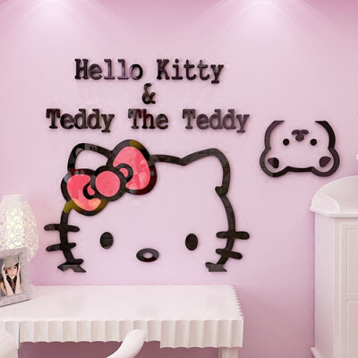 Hello kitty猫儿童房卡通墙贴纸卧室床头温馨3D亚克力立体墙贴画