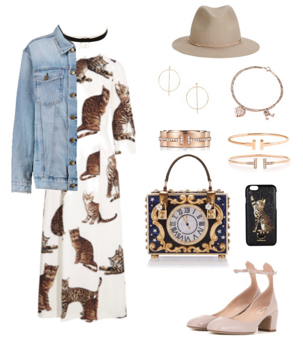 Dolce&Gabbana dress、bag、iphone case，Current/Elliott jacket，Valentino pumps，Tiffany&co jewels