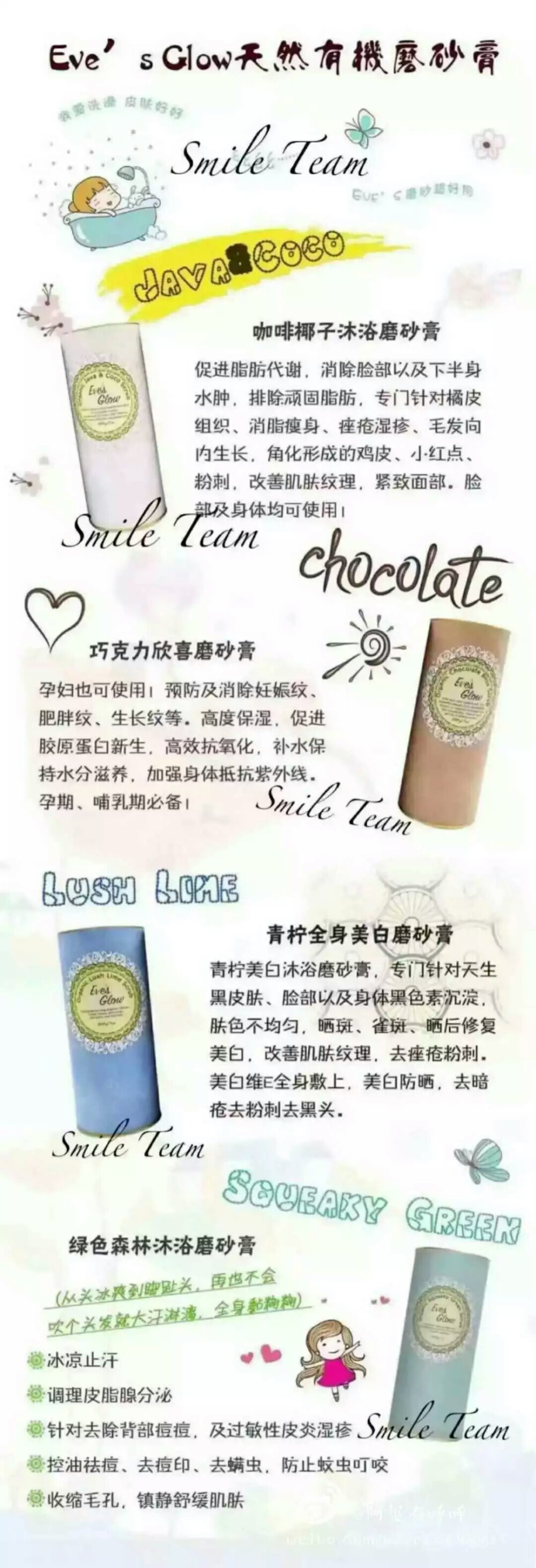  GLOW-made in the USA到没朋友的磨砂膏！【柠檬美白磨砂膏】：适合天生黑皮肤，晒后修复，黑色素沉淀，肤色不均匀【咖啡椰子款】：适合瘦身，去妊娠纹，去鸡皮，小红点，痘印，久坐形成的PP黑印【巧克力欣喜款】：适合孕妇预防妊娠纹，消除生长纹，高效保湿【新品薄荷森林磨砂】夏季必备。控油祛痘，去痘印，去螨虫，防蚊虫叮咬。洗完走一圈，从头冰爽到脚趾头！