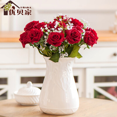 优贝家字母陶瓷花瓶花艺玫瑰仿真花套装 客厅餐桌装饰高仿真花艺