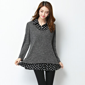 加肥加大码女装宽松长袖中长款假两件t恤韩版秋款胖mm打底衫外套