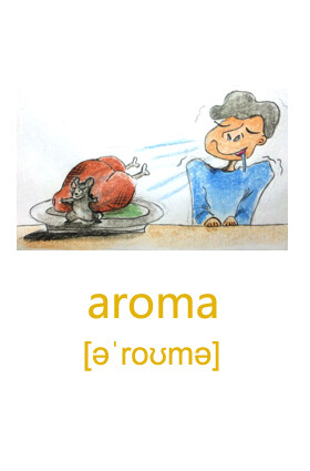 aroma
指一种强烈的、弥漫的香味，如烟叶、咖啡或美味食品的香味。
refers to a strong, pervasive, pleasant odour, such as that given off by burnt good pipe tobacco, coffee, or appetizing food.