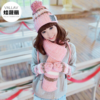 韩版冬季毛线帽子围巾手套三件套女保暖加绒加厚一体套装生日礼物