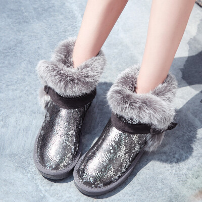冬季韩版兔毛真皮圆头雪地靴女靴子短筒女鞋平底加厚加绒短靴小码