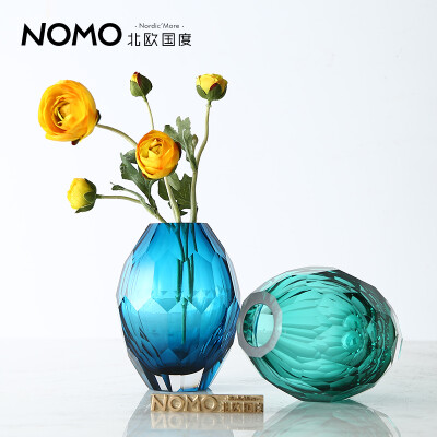 北欧国度 库尔贝多棱角超质感玻璃花瓶 清新蓝色绿色玻璃花器摆件