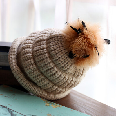 民族风卷边尖顶混花色毛线帽冬季保暖针织帽手工编织女士冬季帽子