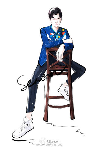 #jjseason插画##season明星插画# ----- @演员马可@三宅一生ISSEY_MIYAKE 棉质衬衫搭配@FENDI 蓝色皮夹克，演绎@百搭星君 帅气搭配。