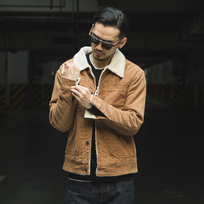 日系男装冬装新款经典翻领加绒工装休闲棉衣男青年学生加厚外套男