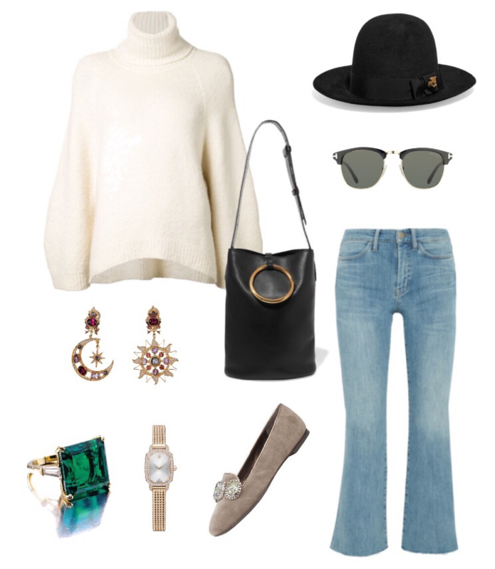 Adam Lippes sweater，M.I.H jeans，Stalle McCartney bag，Harry Winston watch，Gucci hat，Tom Ford sungalsses