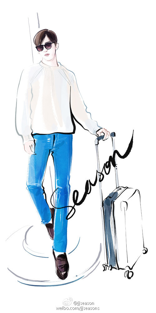 #jjseason插画##season明星插画# ----- 10月8日，@井柏然 身穿Ermenegildo Zegna白色毛衣搭配A.P.C蓝色牛仔裤，脚踩Ermenegildo Zegna棕色皮鞋，休闲帅气现身首都机场。O文艺帅气井柏然