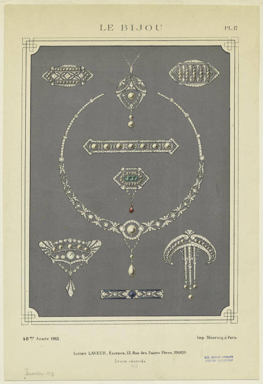 1910年代的珠宝图鉴。和前天发的《1900年代的珠宝图鉴》相比可以看到这个时代的珠宝已经有了Art Deco(装饰艺术）风格的雏形，虽然这段时间珠宝风格还是以爱德华风格为主，但是机械式的、几何的、纯綷装饰的线条Art Deco风格已经被用来表现时代美感。不过Art Deco真正风靡还是在1920年代。