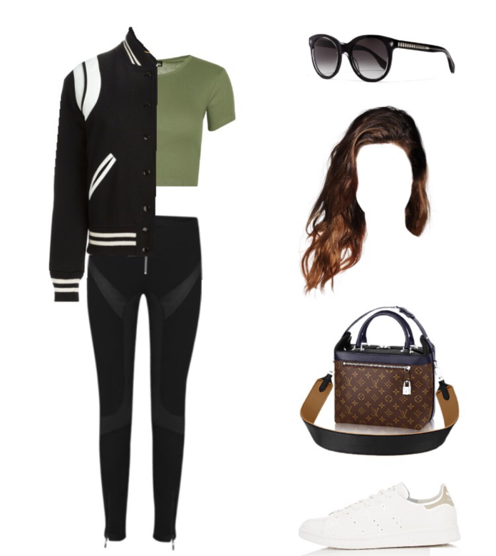 Saint Laurent jacket，Louis Vuitton skinny、bag，Adidas sneaker，Alexander Mcqueen sunglasses