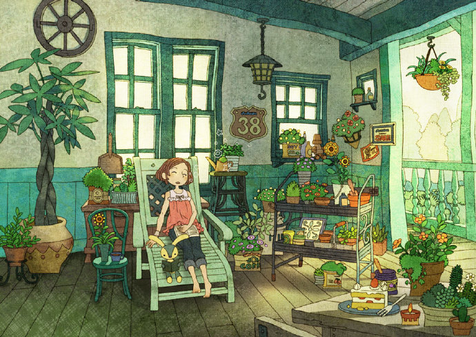 在日本画师せばすちゃ笔触细腻的插画作品里，能够看出满满的惬意与慵懒，对光的处理上微妙的让人喜欢，画面中充斥着眼球的绿色在这个夏天让人看了都凉快了。#王国分享# 主页：O网页链接