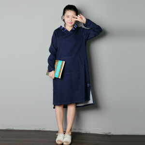 文艺宽松显瘦前短后长侧开叉中长款休闲连帽长袖卫衣连衣裙棉