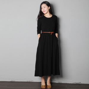 馨桔简约文艺纯棉长袖宽松显瘦中长款连衣裙打底裙子16秋冬
