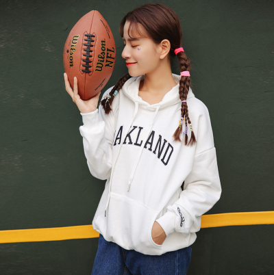 GIRL 韩国订单秋冬女装宽松字母印花连帽套头加绒卫衣