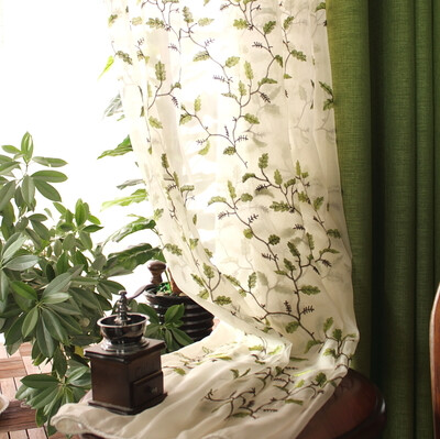 定制
定制 美式乡村亚麻纯色高档窗帘卧室客厅遮光成品 绿叶欧根纱