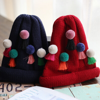 流行款球球流苏毛线帽细线高顶针织帽冬季保暖卷边帽子森女