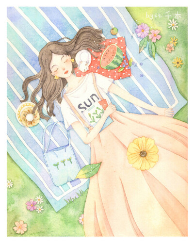 小清新女孩 手绘插画 壁纸