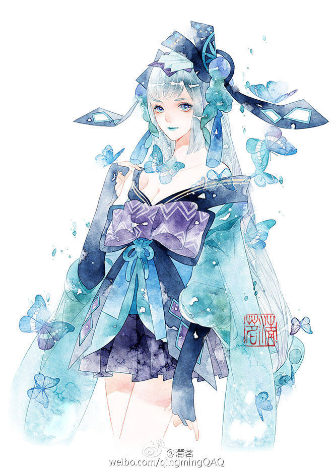 清茗 水彩 淡雅 少女 阴阳师手游同人 青行灯 蝴蝶