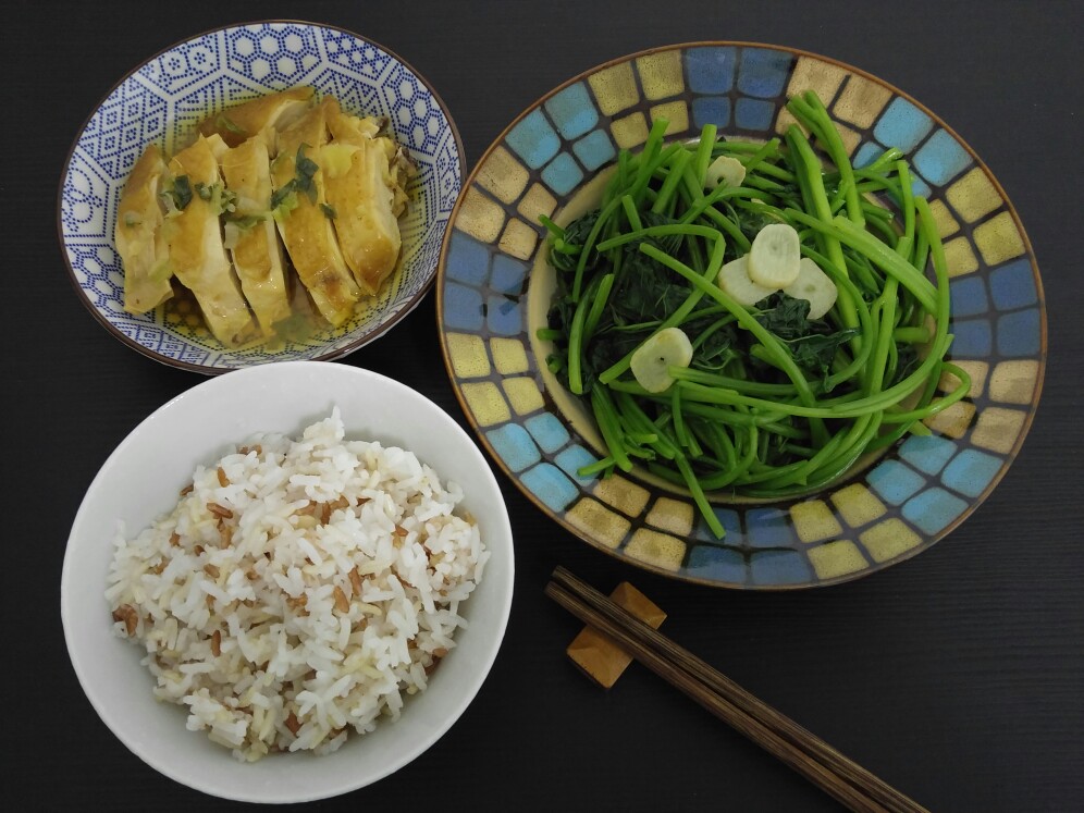 白切雞，紅薯葉子，三色飯，31