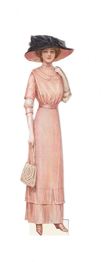 1912 vintage lady fashion Woman in pink dress with pink and Black hat