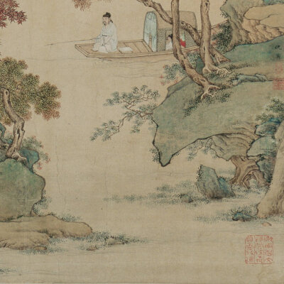 仇英《枫溪垂钓图》轴，纸本，127x38.5cm，湖南省博物馆藏。