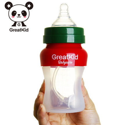 Greatkid婴儿奶瓶新生儿宽口径全硅胶带吸管防胀气宝宝奶瓶塑料软