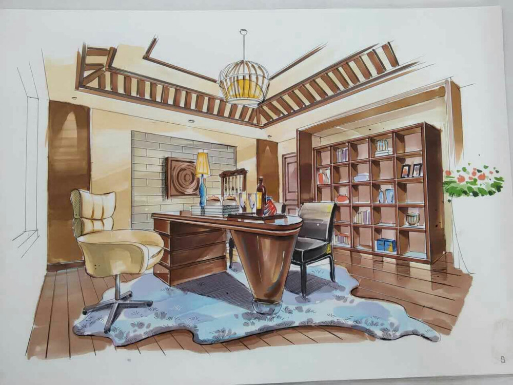 手绘书房室内手绘效果图