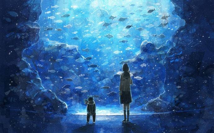「深海蔚蓝」日本画师のみやティア的水族馆系列插画作品，爱上那抹蓝！