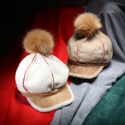 2016韩国新款羊羔绒骑士帽子秋冬天女毛球马术帽可爱韩版潮鸭舌帽