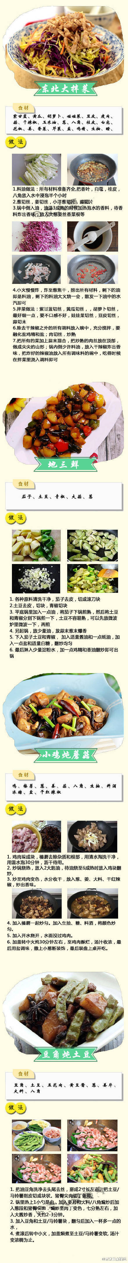 【36道地道东北菜你都吃过了没有？】
东北菜看上去乱作一团 大大咧咧 其实香味暗藏其中 而且很有特色 非常好吃 很有营养 种类很多 如果有人到你家来玩 可以给他做东北菜 比如锅包肉 东北炖菜 酸菜粉条 一定会让人喜欢的。