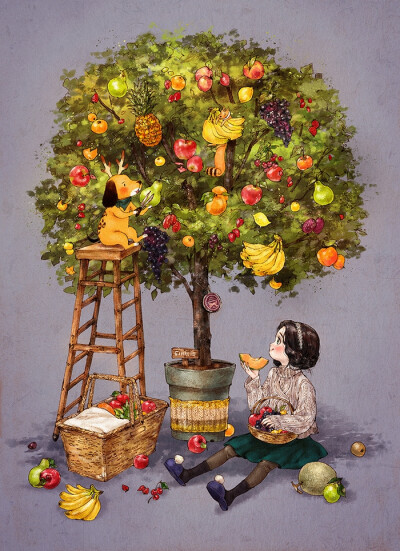 如果能有那么一棵果树，可以长出各式各样的水果，该多么美妙啊 ~ 来自韩国插画家Aeppol 的「森林女孩日记-2016」系列插画。