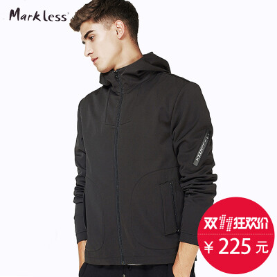 Markless秋季运动外套男夹克加绒修身休闲防水运动服黑色连帽上衣