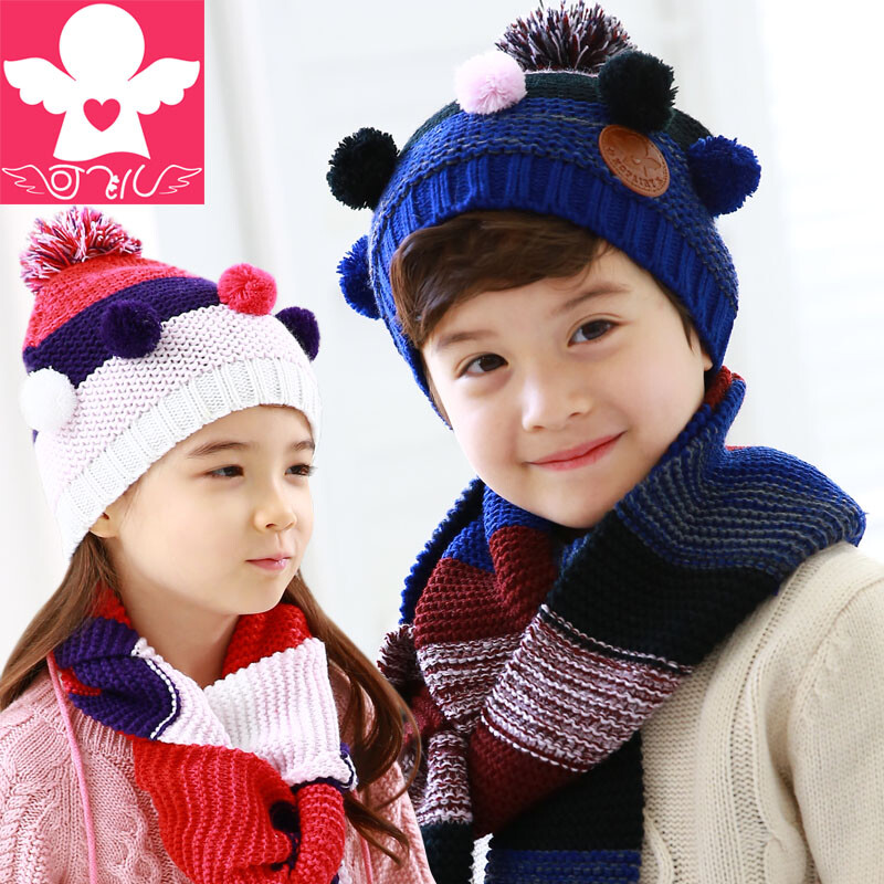 韩国男女秋冬儿童帽子围巾两件套装 加厚帽子围巾两件一体套装潮