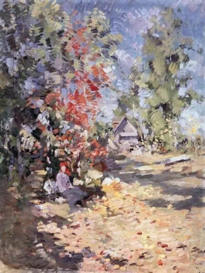 图为俄罗斯印象派画家Konstantin Korovin（1861-1939）的作品Autumn。秋天的色彩似乎更具备多样的层次感。村庄路上飘零的黄叶、由日照而生成的光斑，还有那倚树而歇的农妇，这一切无不让你想要拥抱它——秋天。
