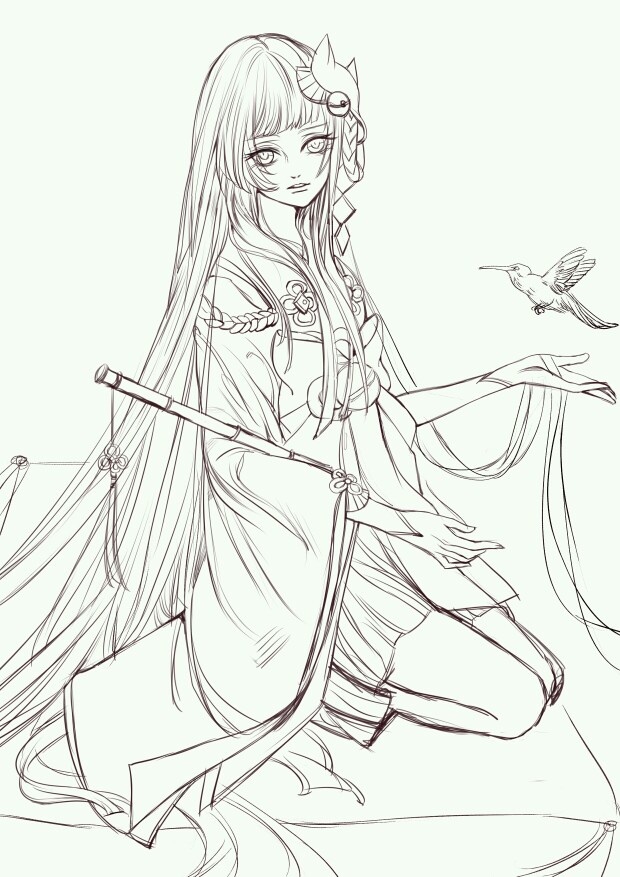 美腻的古风头发线稿