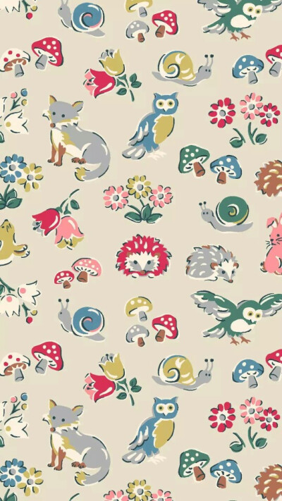 Cathkidston高清无水印壁纸 刺猬 蜗牛 鸟 蘑菇