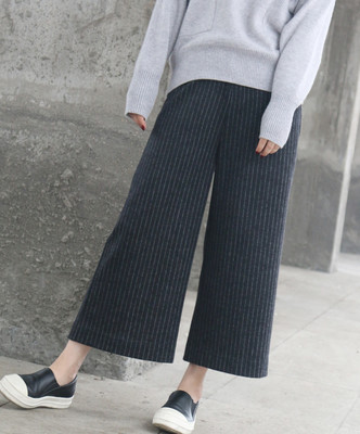 普门XUS2016年冬季新款女款羊毛挺括条纹深灰黑色阔腿裤9分大码裤