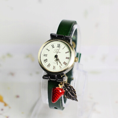 小草莓手表-复古vintage牛皮表带日系森女范田园风罗马盘石英表