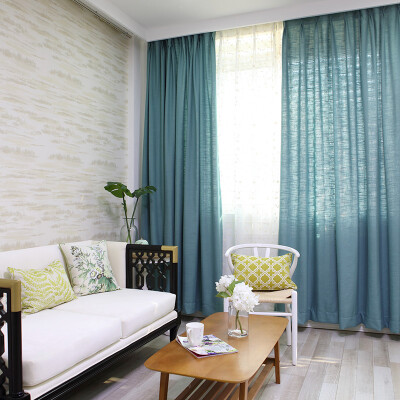 璞素青绿色纯色亚麻窗帘 现代中式简约风格客厅卧室飘窗窗帘定制