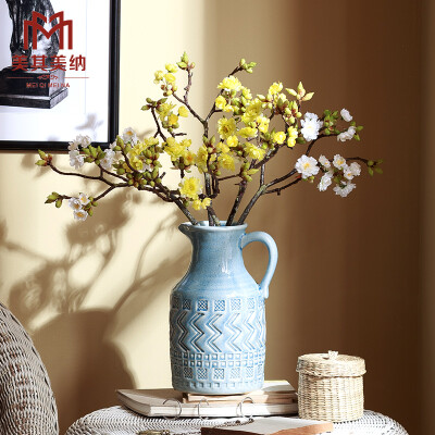 复古客厅陶瓷插花花瓶 仿真花假花套装 小号短枝樱花花艺