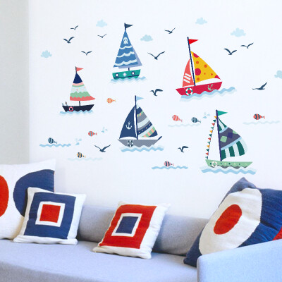 墙贴可移除贴纸 可爱卡通海洋帆船 儿童房幼儿园教室装饰书房布置