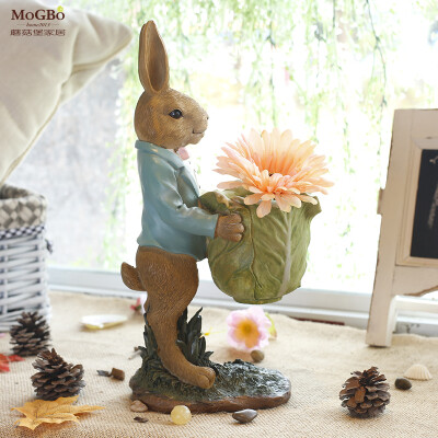 美式乡村创意树脂草地兔抱白菜缸摆件萌兔动物摆件笔筒家居工艺品