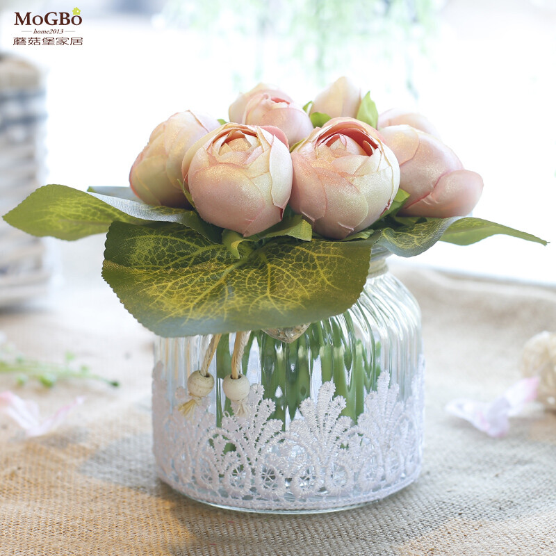 简约现代创意蕾丝透明玻璃花瓶小清新仿真花艺餐桌客厅插花瓶摆件