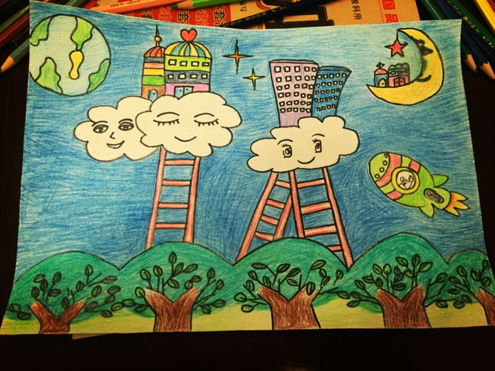 儿童科幻画美丽云层世界